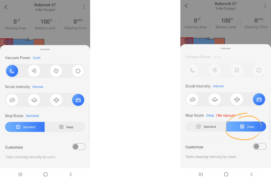 Deep Cleaning Modus wird in der Roborock S7 App ausgewählt